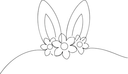 Black outline bunny ears with flowers on white background