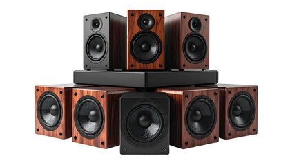 Stacked woodgrain speakers with black accents on black background