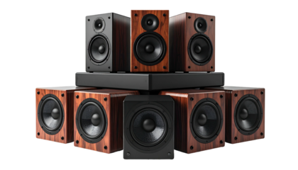 Stacked woodgrain speakers with black accents on black background