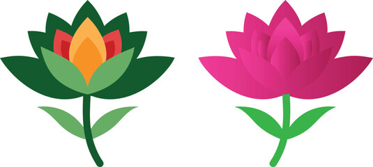 Two stylized lotus flowers one green with orange and red center and one pink with green leaves on white background