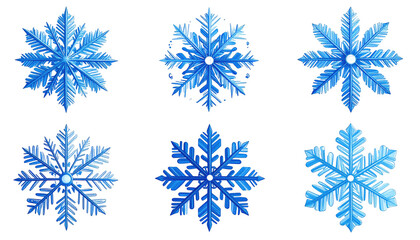 Six icy-blue snowflakes arranged on a stark black background
