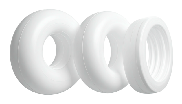 Three white torus shapes in a sequence, smallest on right