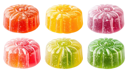 Assorted flower-shaped candies in rows, vibrant colors