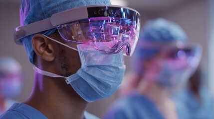 Surgeon wearing advanced augmented reality headset displays futuristic medical data during innovative procedure