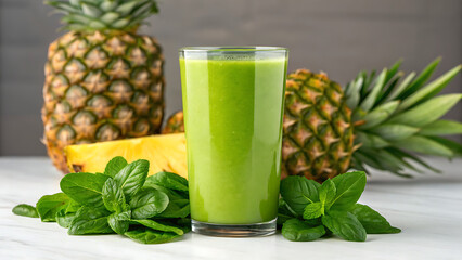Refreshing green pineapple spinach smoothie in a tall glass surrounded by fresh ingredients