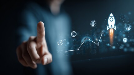 Hand reaching out to launch a rocket graph symbolizing business growth and innovation in a digital futuristic space