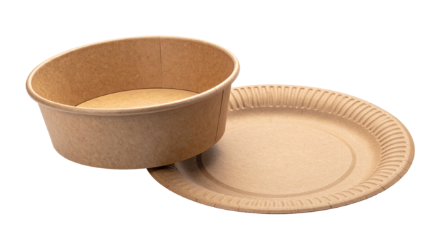 Brown disposable bowl and plate on dark background