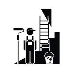 A minimalist black and white icon representing a painter with tools, including a roller, ladder, and paint bucket, symbolizing construction and renovation