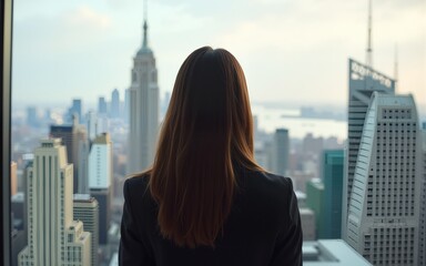 Back view of a young business woman looking at the cityscape. High quality