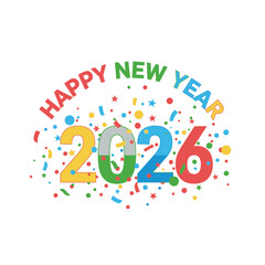 Fototapeta premium Happy new year celebration with colorful confetti and the year 2026 in vibrant colors on white background
