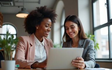 Two businesswoman working together using digital work tablet pc business project. Small creative diversity team of African American female and young woman do meeting in office. Banner, copy space