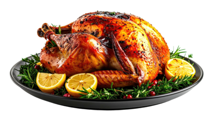 Plump roasted turkey on a plate with garnish, golden brown hue