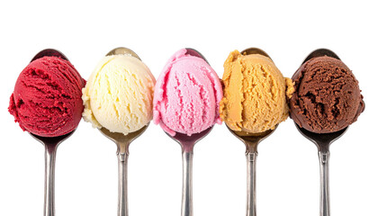 Five scoops of colorful ice cream on spoons, against black