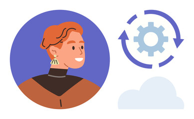 Headshot of a thoughtful individual next to a gear and rotating arrows, showing a cloud at the bottom. Ideal for innovation, teamwork, technology, cloud computing, process management, efficiency