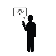Silhouette of a person holding a smartphone with a wifi symbol in a speech bubble above