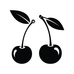 Two ripe cherries with stems and leaves