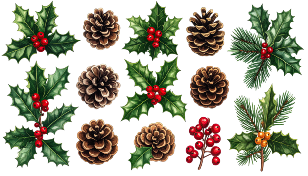 Christmas botanical collection pinecones, holly, and red berries