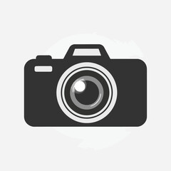 A minimalist black silhouette of a dslr camera with a prominent lens, isolated on a light gray circular background, representing photography