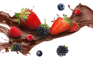 Splashes of liquid chocolate with fresh berries isolated on white © Pixel-Shot