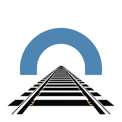 Perspective view of train tracks leading towards a blue arched tunnel or bridge, symbolizing a journey or a path forward