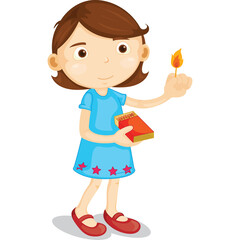 Illustration of a Young Girl Holding Matches and a Matchbox in a Blue Dress with Red Shoes and a Transparent Background