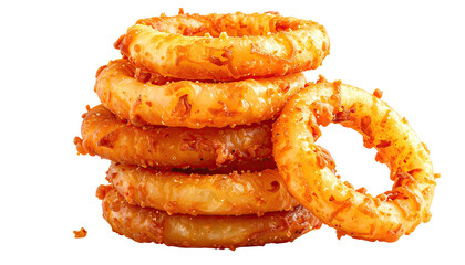 Stacked golden, crispy onion rings on black background