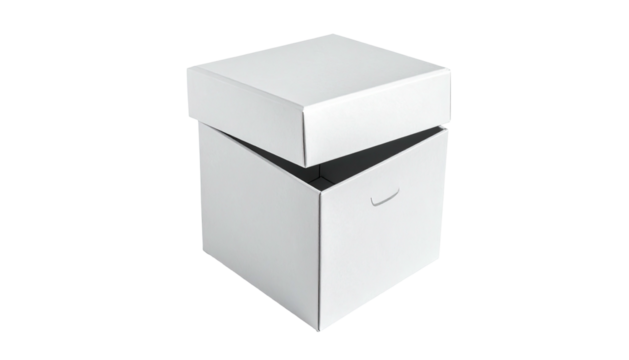 Angled shot of square white box with lid partially open
