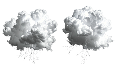 Two white, fluffy clouds with lightning on a black backdrop