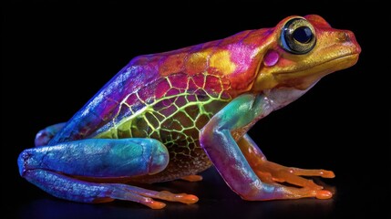 Fototapeta premium A stunning frog displays a mix of vibrant colors and patterns under low light creating an enchanting scene.