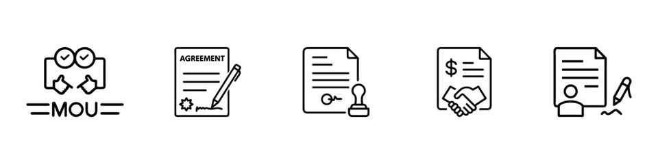 Agreement, MOU, and legal document outline icon set &ndash; contract, signature, approval, business deal, and official paperwork symbols