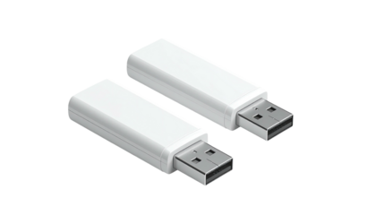 Two white USB flash drives displayed, isometric view