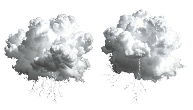 Two white, fluffy clouds with lightning on a black backdrop