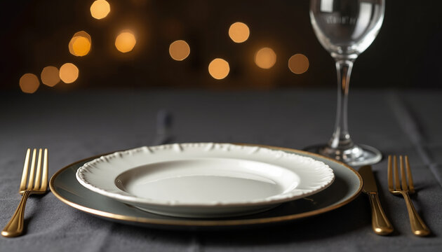 Elegant dinner table setting with white plate and gold utensils 