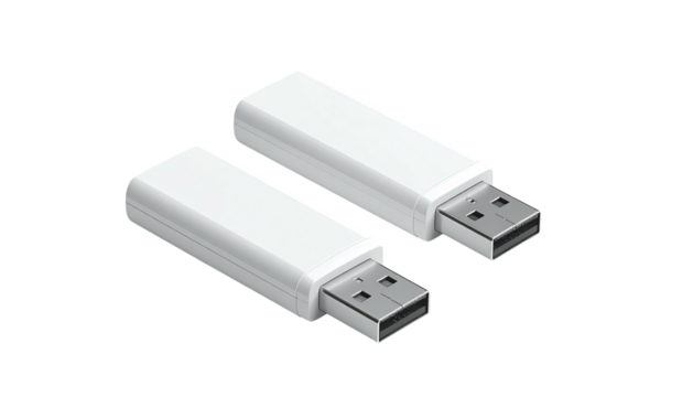 Two white USB flash drives displayed, isometric view