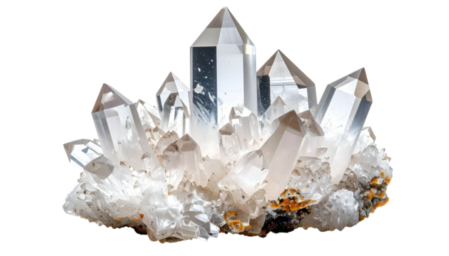 Quartz crystal cluster, clear spikes, textured base, black backdrop