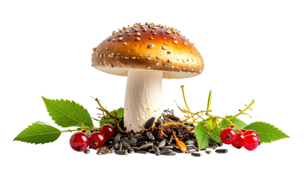 Fungi rests with seeds, berries, and foliage on black background