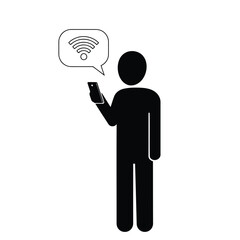 Silhouette of a person holding a smartphone with a wifi symbol in a speech bubble above