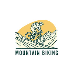 Line art illustration of a person mountain biking downhill.