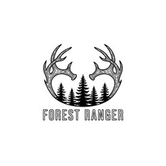 Forest Ranger Logo with Deer Antlers and Pine Trees.
