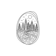Monochrome Forest Landscape in Oval Frame - Serene Nature Scene.
