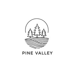 Pine Valley minimalist logo design with pine trees and hills line art.