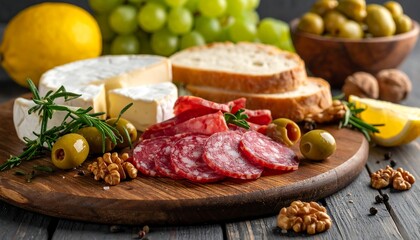 Close-up of a wooden board laden with food; sliced salami, cheese, bread, olives, grapes, nuts, lemon, rosemary, and peppercorns, arranged for an appetizing display