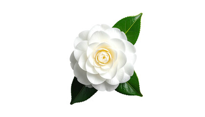White camellia bloom and glossy green leaves against black