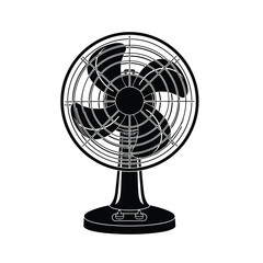 A black and white illustration of a vintage electric desk fan with a round grill and a sturdy base