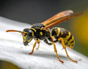Macro shot of a yellow and black striped insect on a white surface