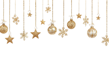 Sparkling gold Christmas ornaments and snowflakes create a festive holiday border design