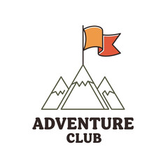 Adventure Club Logo Featuring Mountains and a Flag on the Summit.