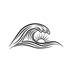 Stylized ocean wave curling over a rising sun line art.