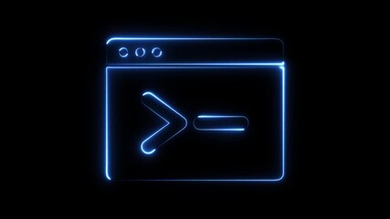 Glowing blue neon command line interface icon animation on black background digital technology concept abstract - Powered by Adobe