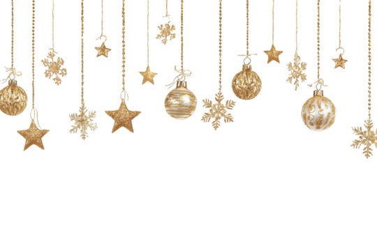 Sparkling gold Christmas ornaments and snowflakes create a festive holiday border design